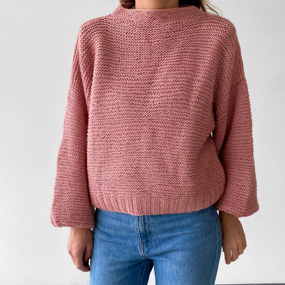 Easy Sweater Knitting Pattern -  Carolina Pullover made with Botanic Wool on XS model 