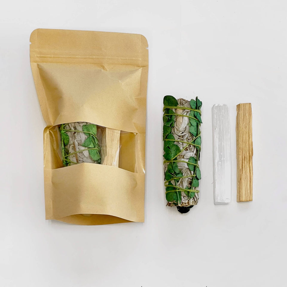 Energy Clearing Kit — White Sage Smudge Stick + Palo Santo + Selenite bundle