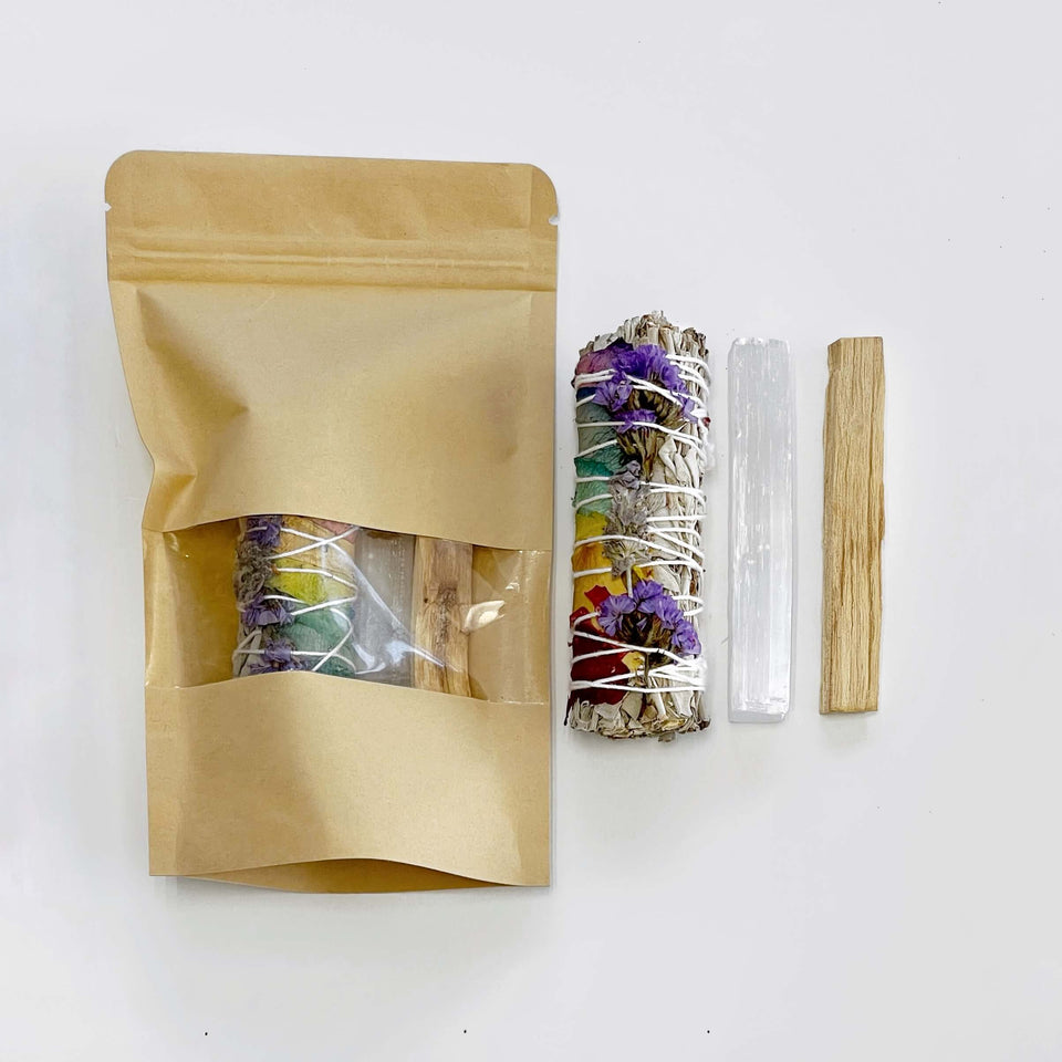 Energy Clearing Kit — White Sage Smudge Stick + Palo Santo + Selenite bundle